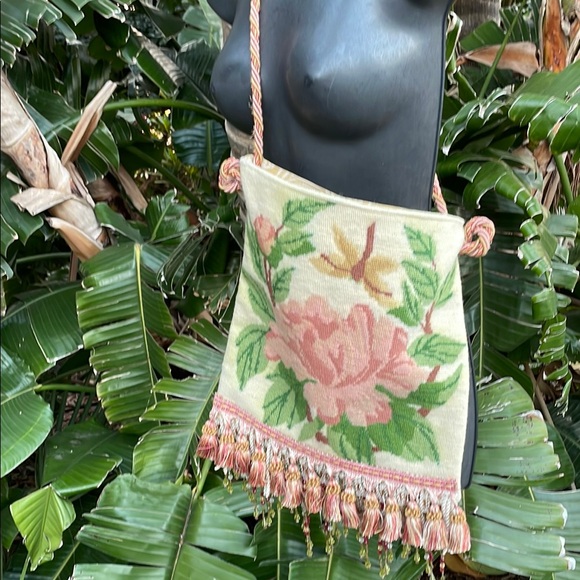 Hand Crafted Handbags - antique crewel work floral fringe bag